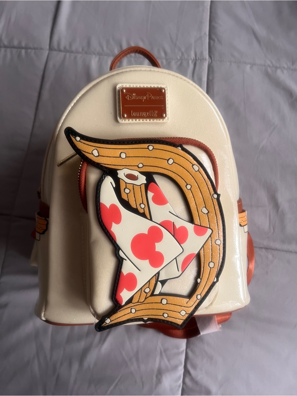 Loungefly Cream Mini Backpack with Red Mickey Heart Accents and Brown Trim